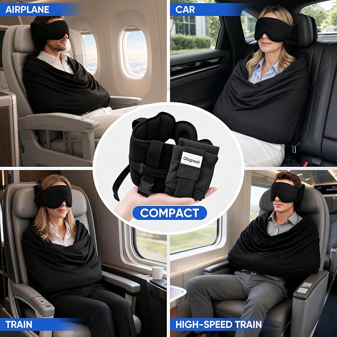 ✈️3‑in‑1 Travel Pillow with Eye Mask, Portable Travel Sleep System 🛌 Head Strap for Head & Neck Stabilization, Stiff Neck Relief for Airplane, Car, Train
