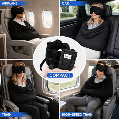✈️3‑in‑1 Travel Pillow with Eye Mask, Portable Travel Sleep System 🛌 Head Strap for Head & Neck Stabilization, Stiff Neck Relief for Airplane, Car, Train
