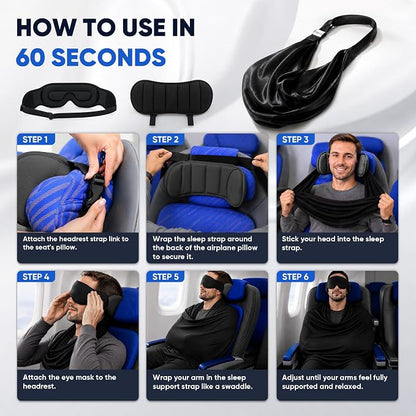 ✈️3‑in‑1 Travel Pillow with Eye Mask, Portable Travel Sleep System 🛌 Head Strap for Head & Neck Stabilization, Stiff Neck Relief for Airplane, Car, Train