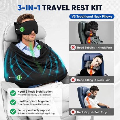 ✈️3‑in‑1 Travel Pillow with Eye Mask, Portable Travel Sleep System 🛌 Head Strap for Head & Neck Stabilization, Stiff Neck Relief for Airplane, Car, Train
