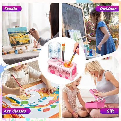 Paint Brush Cleaner with Paint Tray, Water Circulation Brush Rinser with Brush Holder, Watercolor/Oil and Water-Based Paint Brush Cleaner Tool, 400ml Capacity, Train Design, Gift for Artist Beginners