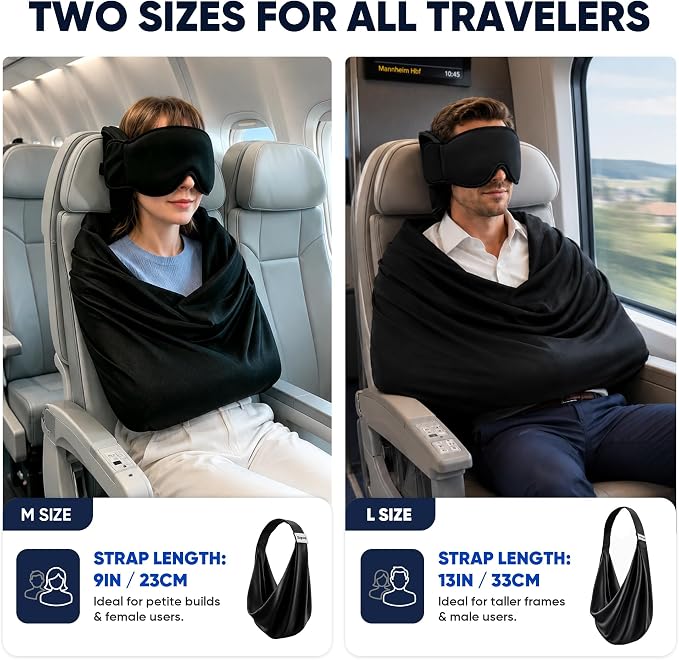✈️3‑in‑1 Travel Pillow with Eye Mask, Portable Travel Sleep System 🛌 Head Strap for Head & Neck Stabilization, Stiff Neck Relief for Airplane, Car, Train