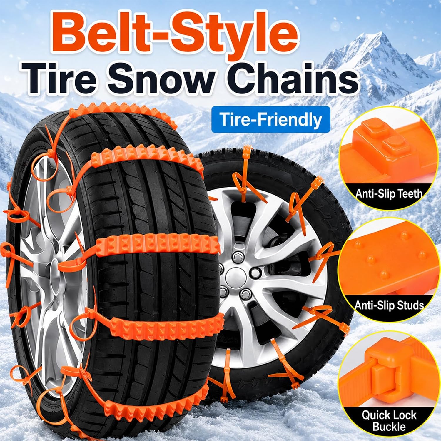 Belt-Style Tire Snow Chains on snowy mountain, anti-slip teeth, studs and quick lock buckle