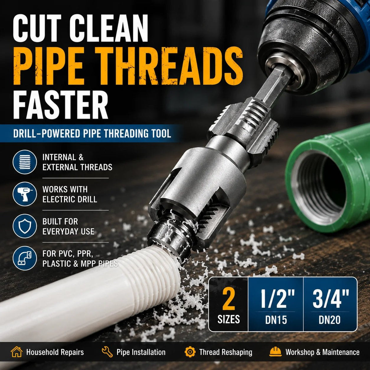⚡Drill-Powered Pipe Thread Cutting Bit — Internal & External Threading for 1/2' & 3/4' Plastic Pipes