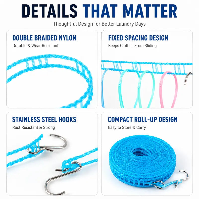 🎁 Portable Non-Slip Clothesline – Windproof Travel Laundry Line for Camping, Hotel & Home
