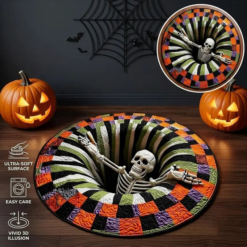 Halloween Round Rug 3D Skeleton Vortex Quilted Illusion Mat