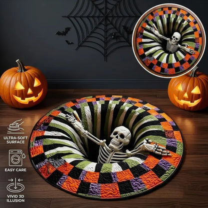 Halloween Round Rug 3D Skeleton Vortex Quilted Illusion Mat
