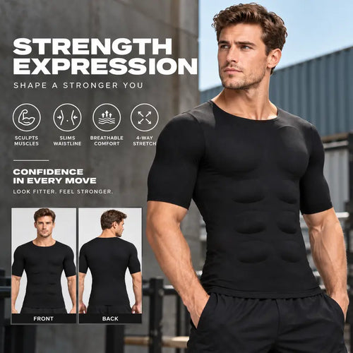 Men's Abs T-Shirt Seamless Muscle Enhancing Top with Removable Pads