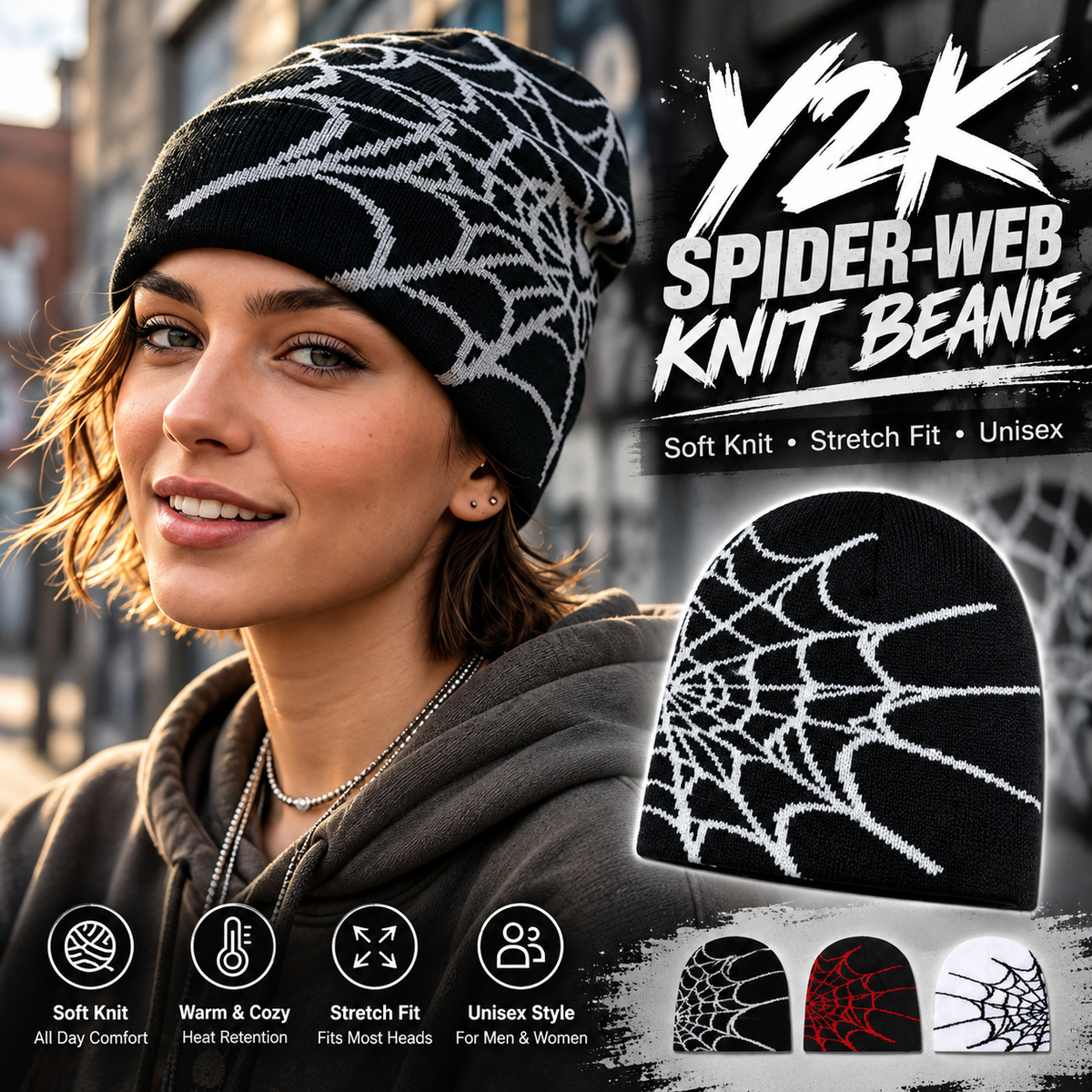 Unisex Y2K Spider Web Skull Cap Beanie - Viral Graphic Jacquard Knit Streetwear Grunge Aesthetic Hat