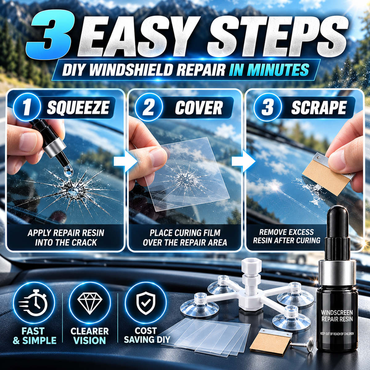 Application illustration showing resin, curing film and removal of cured excess