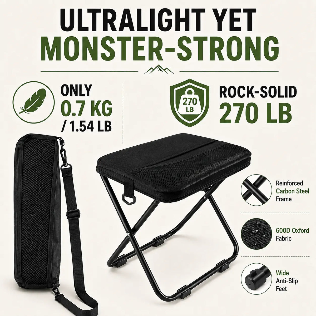 Unisex Nylon Fabric Portable Folding Stool - Compact Adult Fit Collapsible Backpack Chair