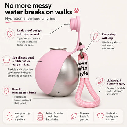 2-in-1 Dog Travel Water Bottle – Leakproof Stainless Steel Bottle with Silicone Bowl