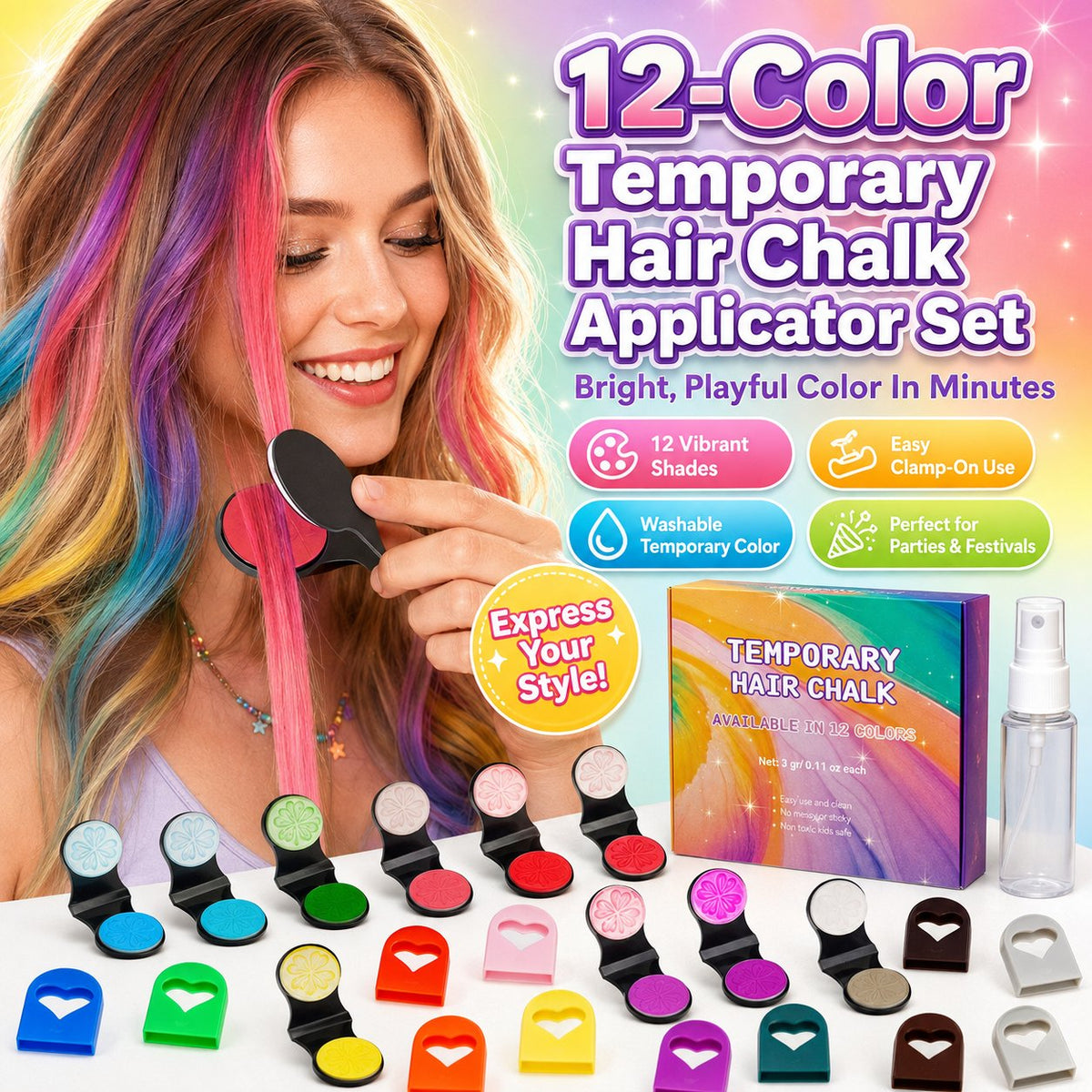 🌈 12-Color Washable Hair Chalk Set