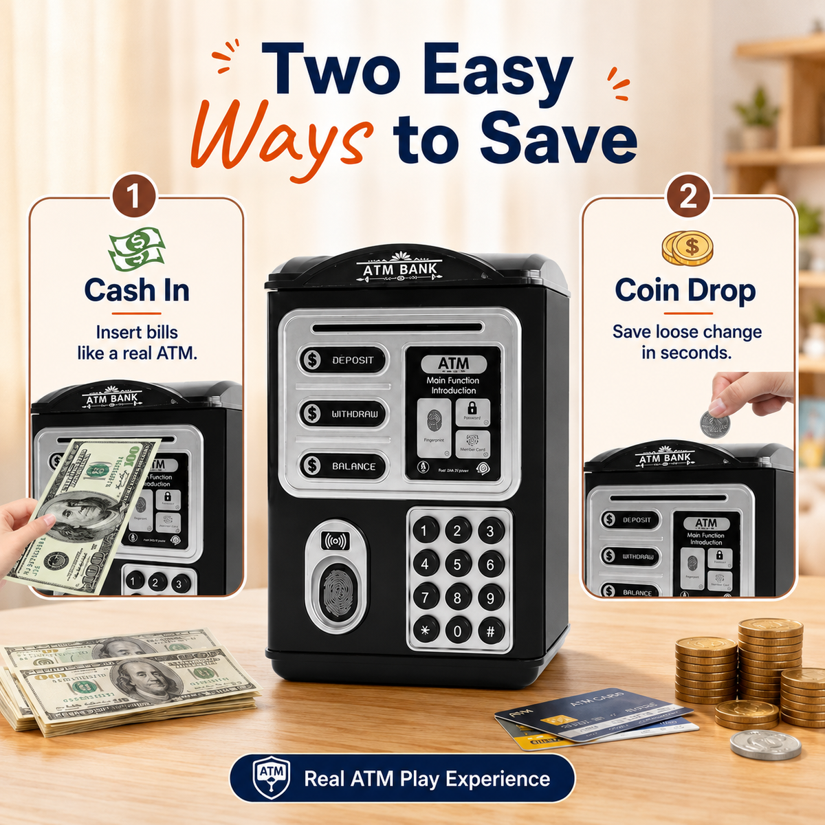 Piggy Bank for Kids, Mini ATM Coin Money Bank with Password and Fingerprint Simulation