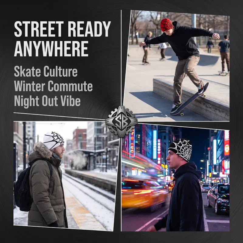 Unisex Y2K Spider Web Skull Cap Beanie - Viral Graphic Jacquard Knit Streetwear Grunge Aesthetic Hat