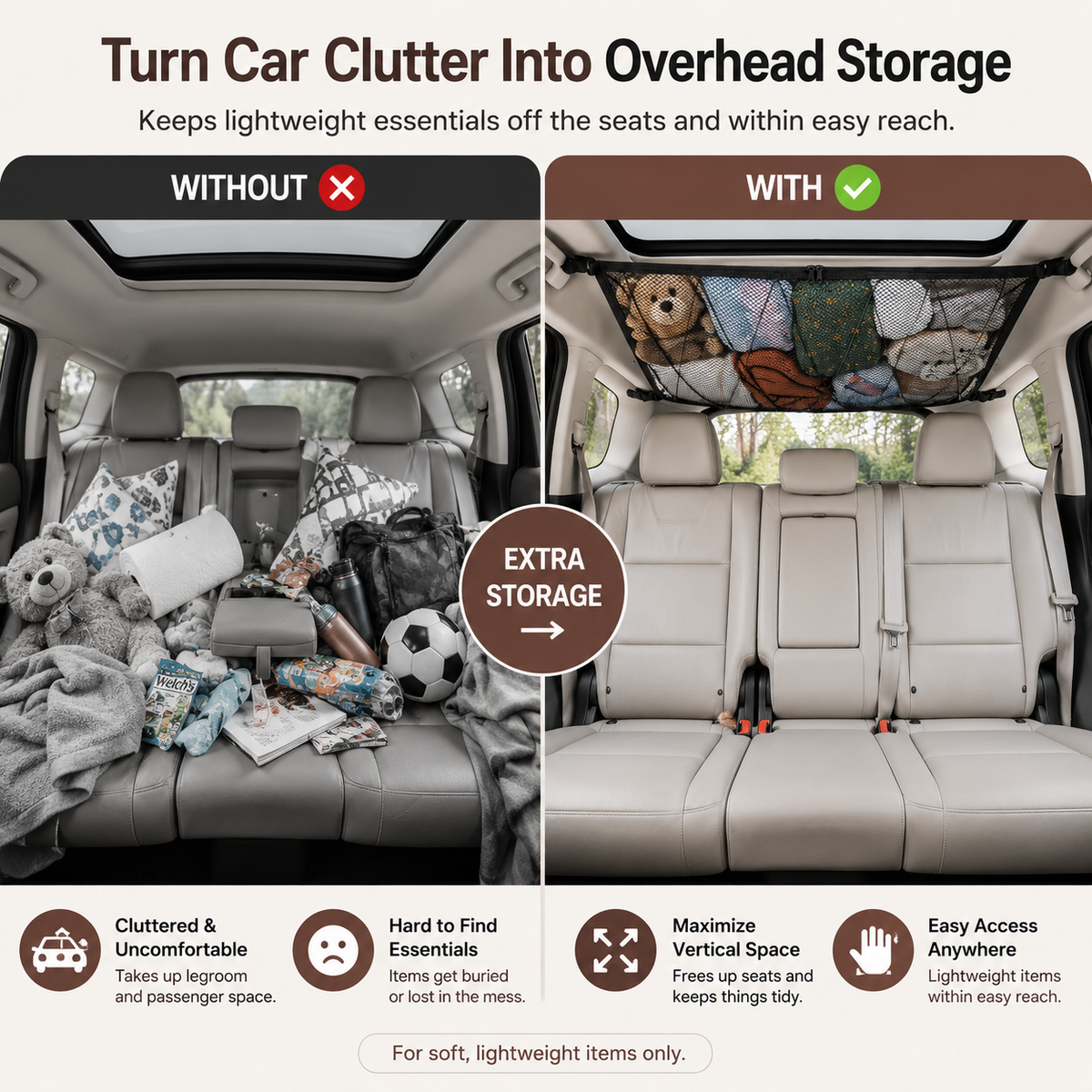 🚙 Ceiling Cargo Net 31"x21" – Double-Layer SUV Roof Organizer for Road Trips