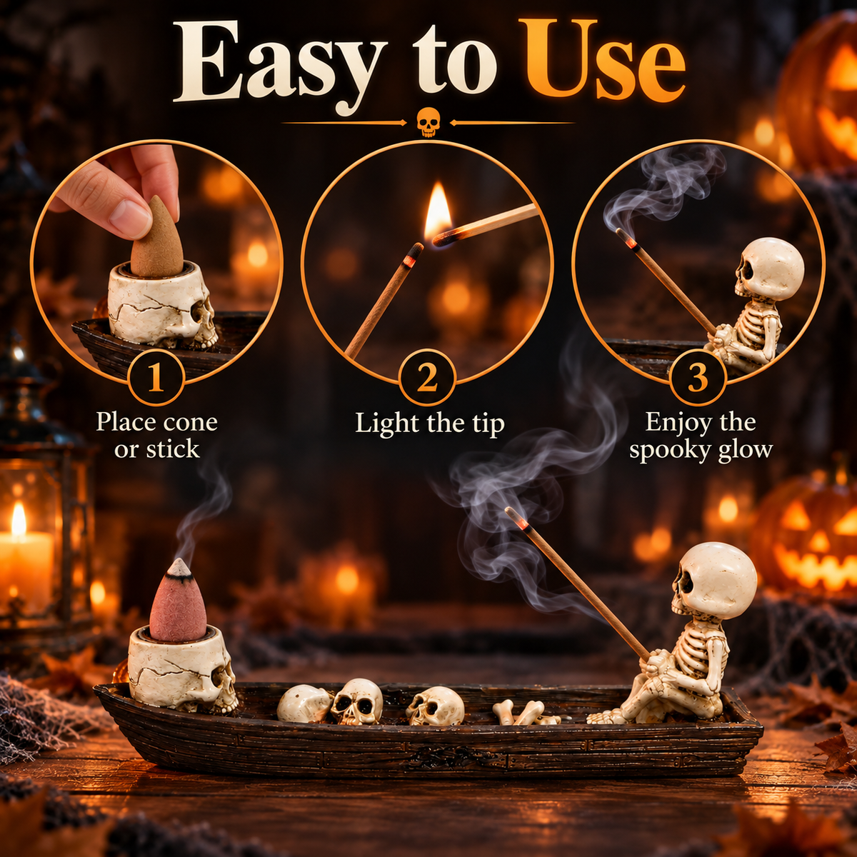 💀Skeleton Boat Backflow Incense Burner-Resin Gothic Skull Incense Holder for Halloween Decor💨