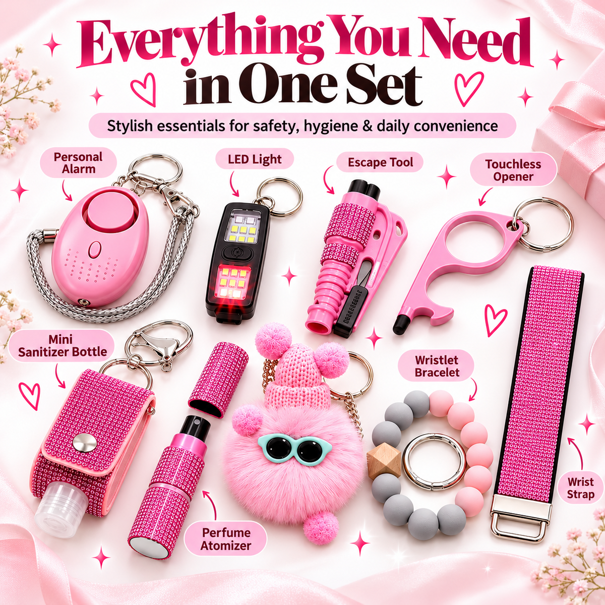 13-Piece Women’s Personal Safety Keychain Set with Alarm, Flashlight & Emergency Tools