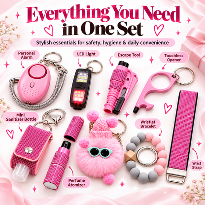 13-Piece Women’s Personal Safety Keychain Set with Alarm, Flashlight & Emergency Tools