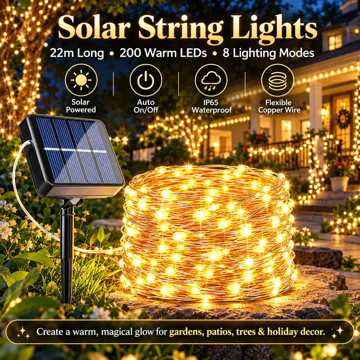 🎁Solar Outdoor String Lights – 72FT 200 LED Fairy Lights with 8 Modes