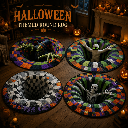 Halloween Round Rug 3D Skeleton Vortex Quilted Illusion Mat
