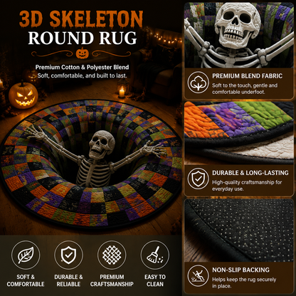 Halloween Round Rug 3D Skeleton Vortex Quilted Illusion Mat