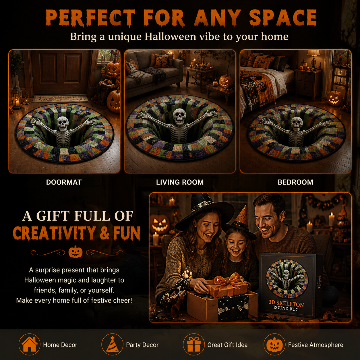 Halloween Round Rug 3D Skeleton Vortex Quilted Illusion Mat