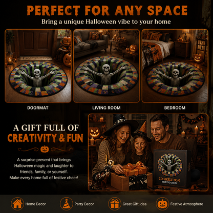 Halloween Round Rug 3D Skeleton Vortex Quilted Illusion Mat