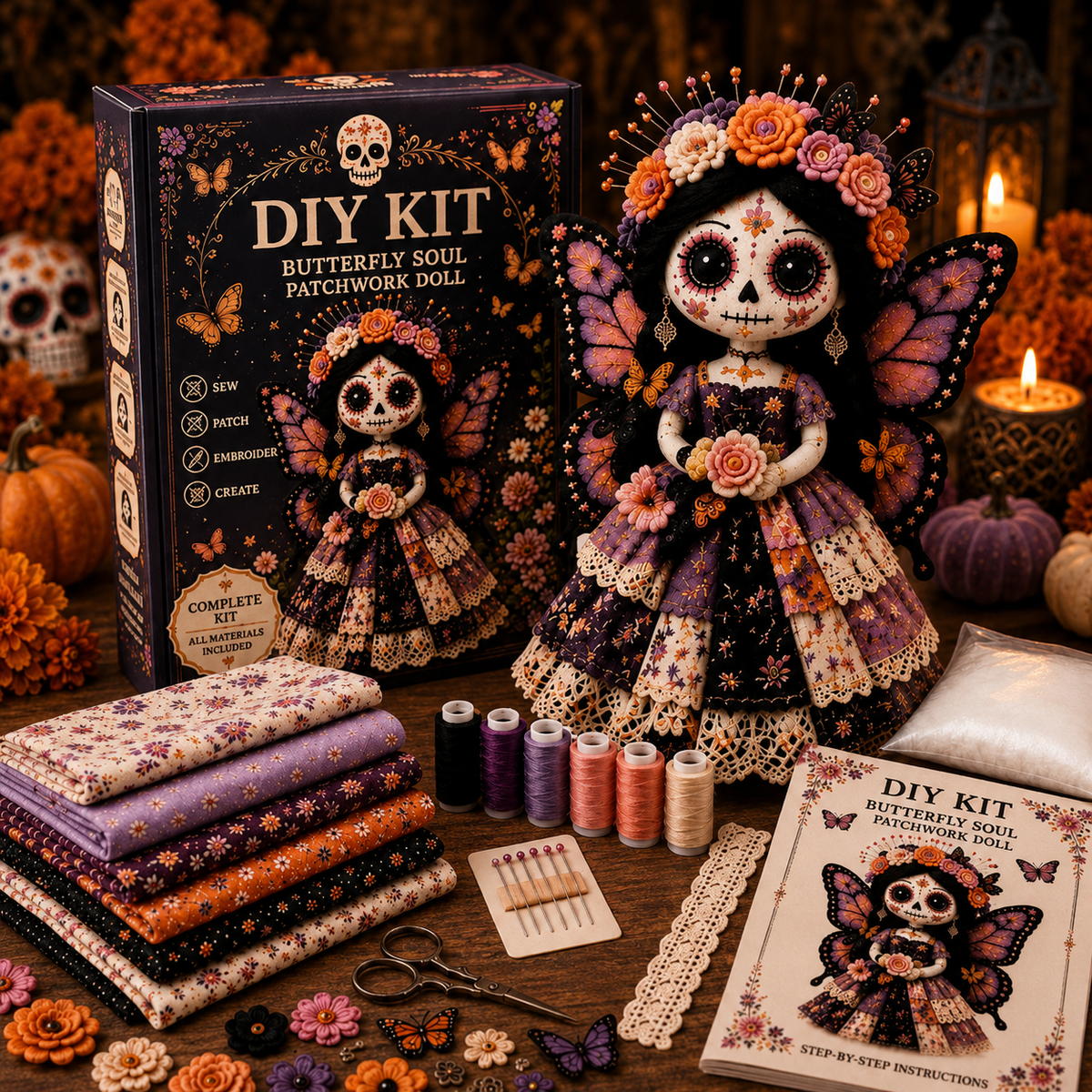 🎃Day of the Dead Patchwork Doll DIY Sewing Kit - Handmade Fabric Doll Craft Kit with Floral Details