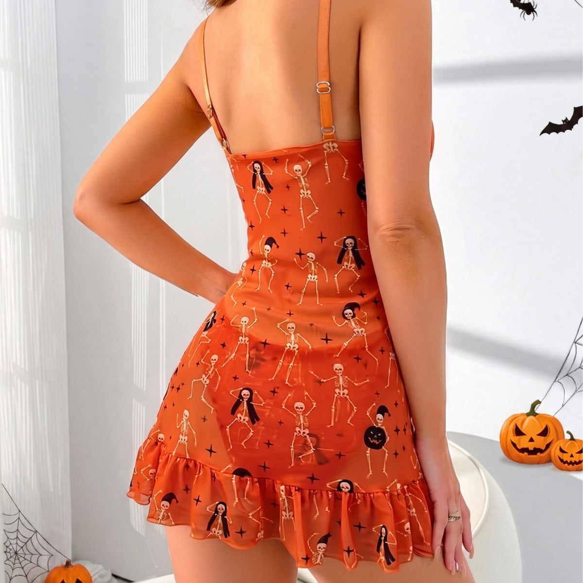 Women's Halloween Skull Pumpkin Nightdress, Deep V Neck