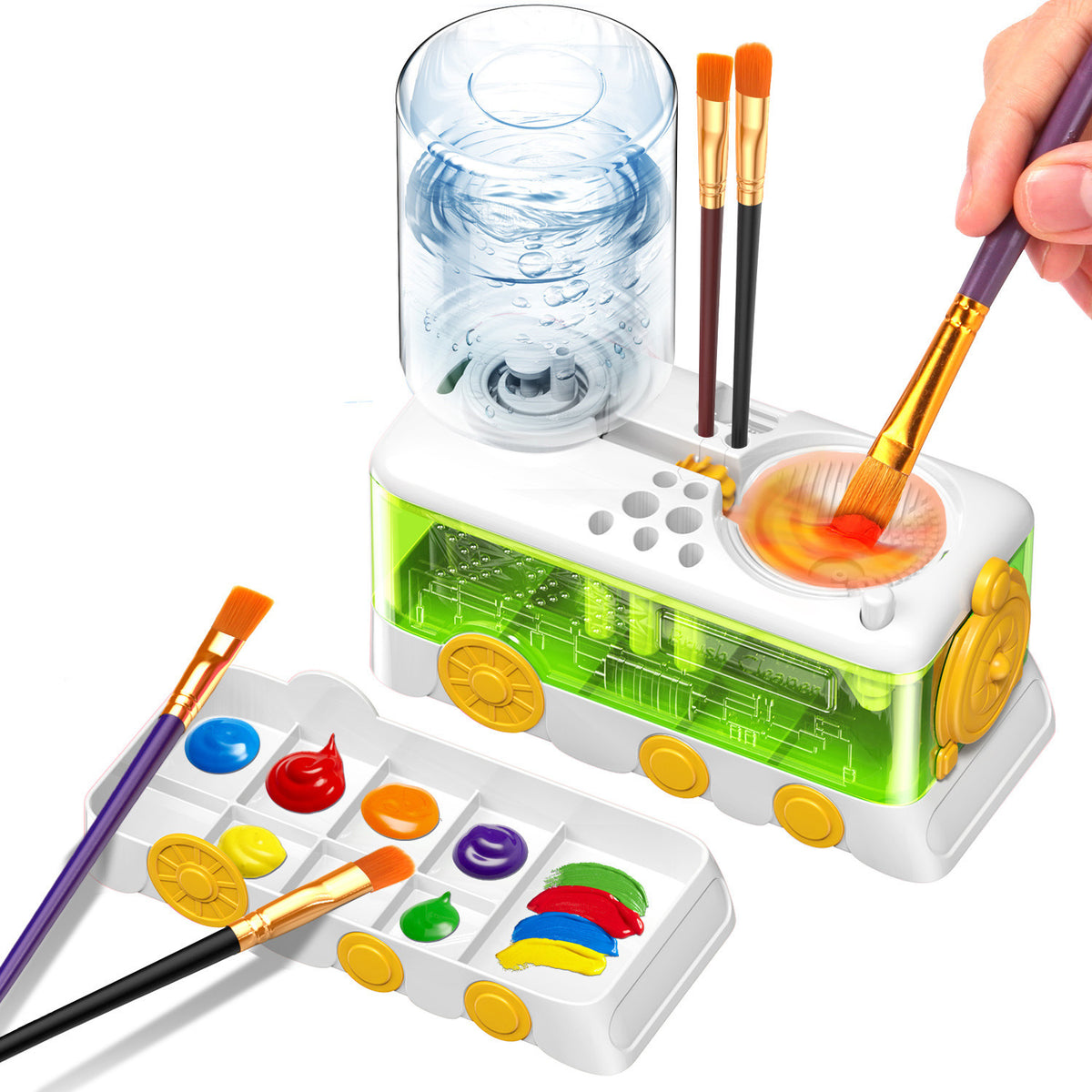 Paint Brush Cleaner with Paint Tray, Water Circulation Brush Rinser with Brush Holder, Watercolor/Oil and Water-Based Paint Brush Cleaner Tool, 400ml Capacity, Train Design, Gift for Artist Beginners