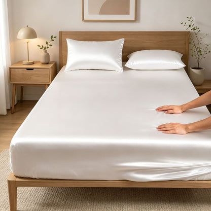 Classic Wrinkle-Resistant Solid Color Satin Bed Set - Luxury Silky Fitted Sheet, Flat Sheet