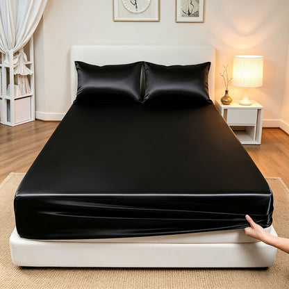Classic Wrinkle-Resistant Solid Color Satin Bed Set - Luxury Silky Fitted Sheet, Flat Sheet