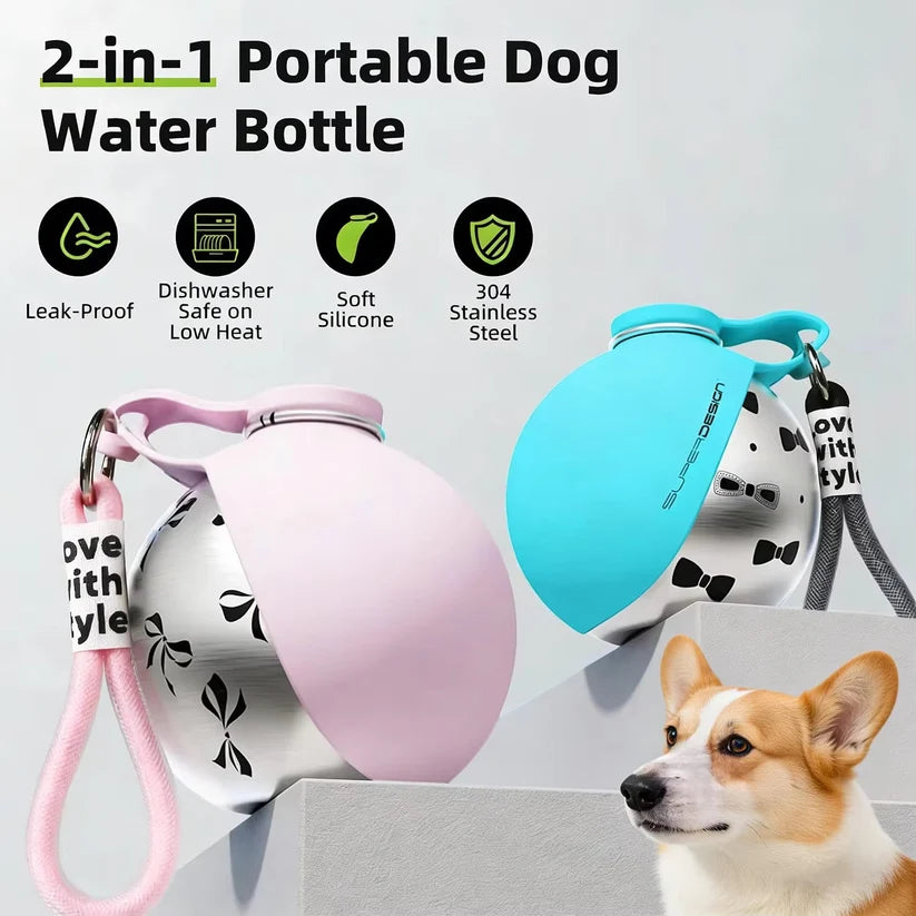 2-in-1 Dog Travel Water Bottle – Leakproof Stainless Steel Bottle with Silicone Bowl