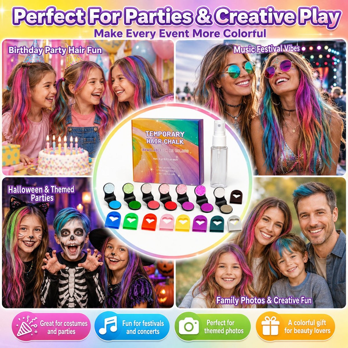 🌈 12-Color Washable Hair Chalk Set