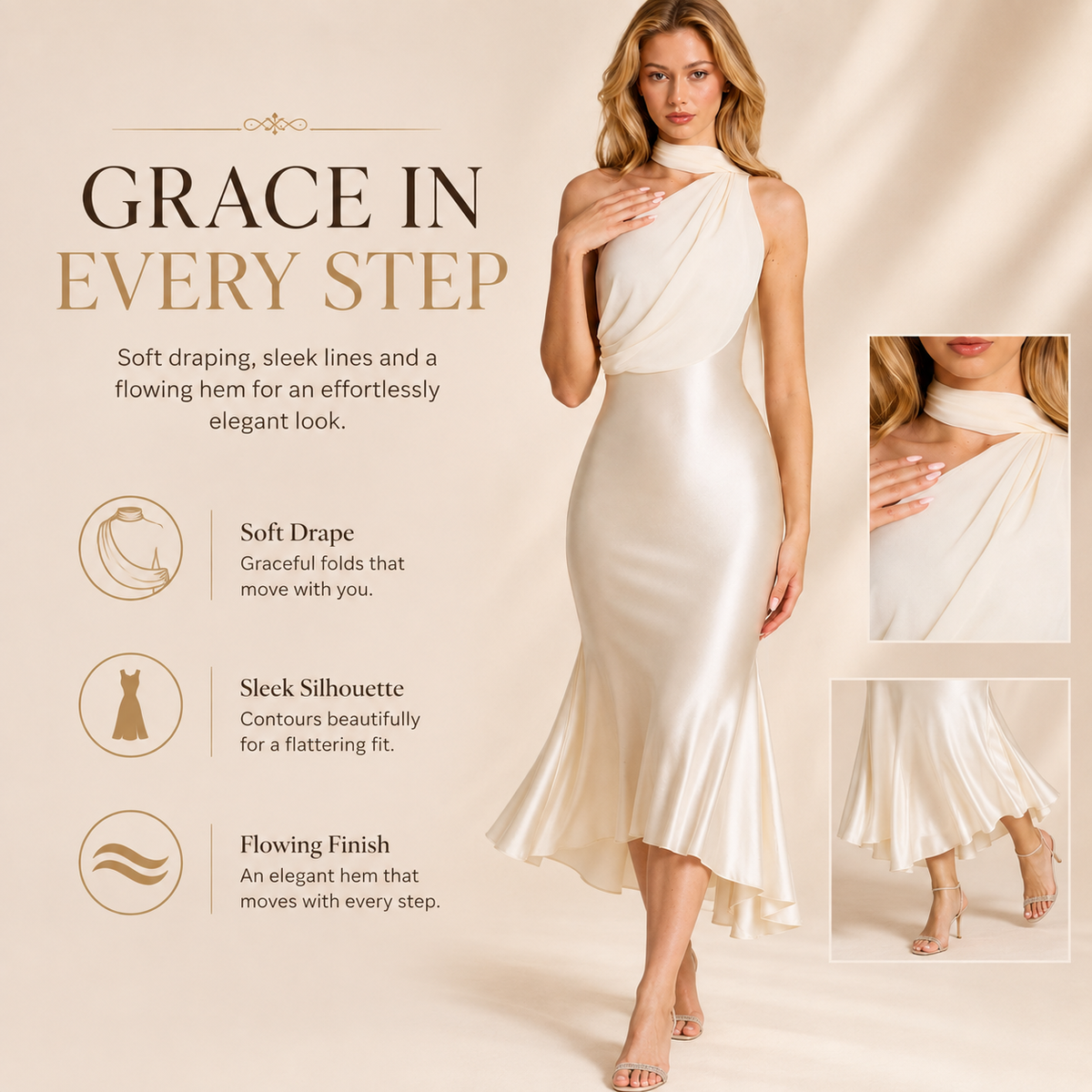 Oblique Collar Ribbon Midi Dress