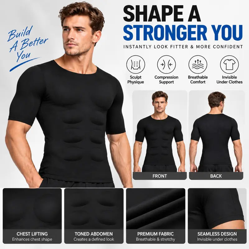 Men's Abs T-Shirt Seamless Muscle Enhancing Top with Removable Pads