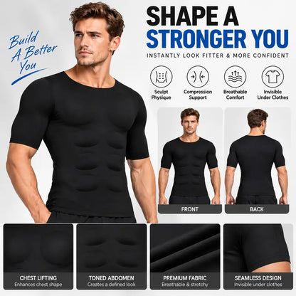 Men's Abs T-Shirt Seamless Muscle Enhancing Top with Removable Pads