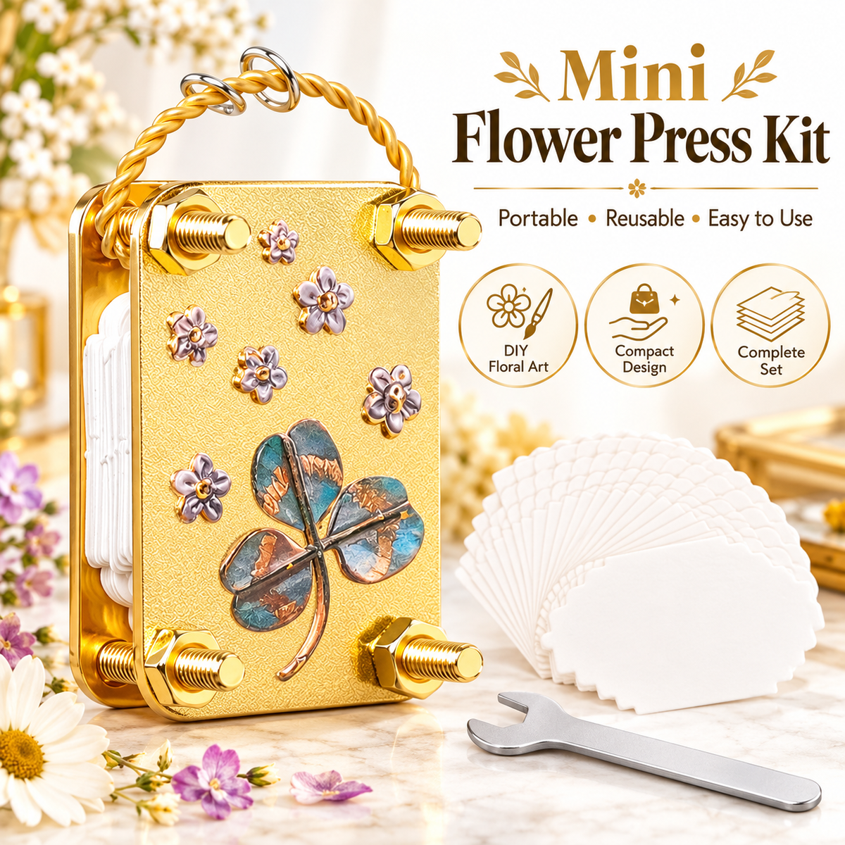 Mini Flower Press Kit with 20 Reusable Papers & Wrench for DIY Crafts
