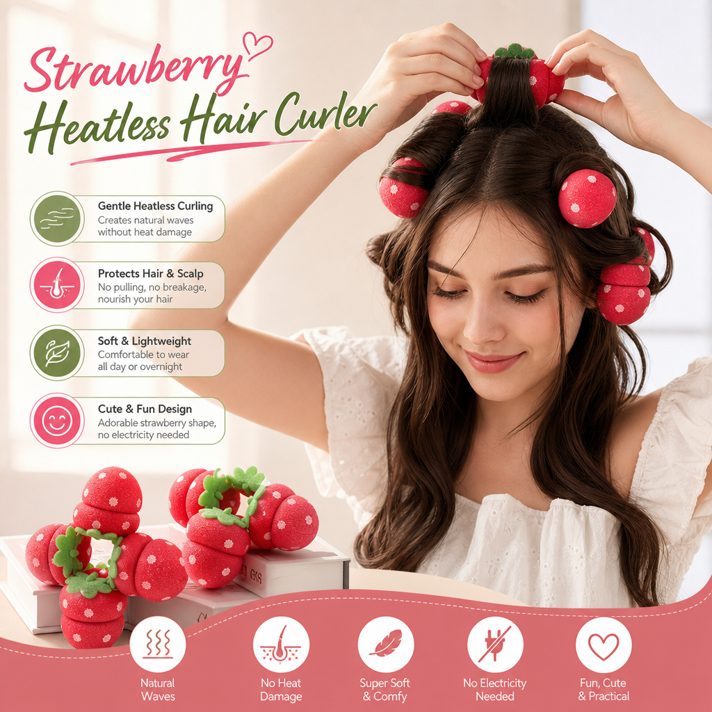 Strawberry Sponge Hair Curlers – Soft Heatless Curling Balls