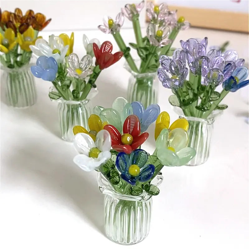 🌹Handcrafted Mini Glass Flower Set with Vase