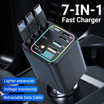 7-in-1 Car Charger Hub – 3 Retractable Cables & LED Display