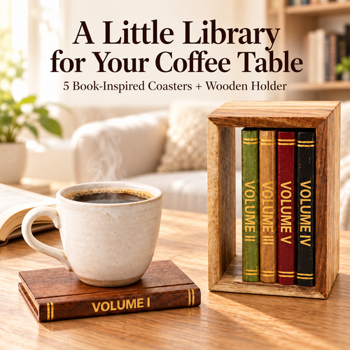 Mini Library Coaster Set - 5 Pack Acacia Wood Drink Coasters with Holder for Coffee Table Decor