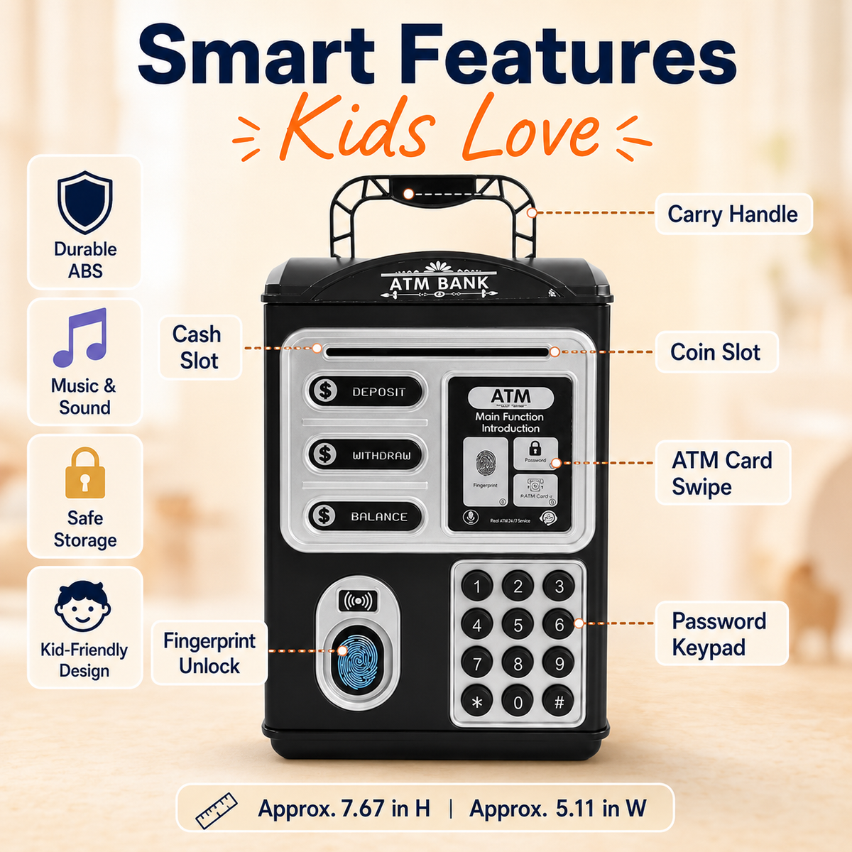 Piggy Bank for Kids, Mini ATM Coin Money Bank with Password and Fingerprint Simulation
