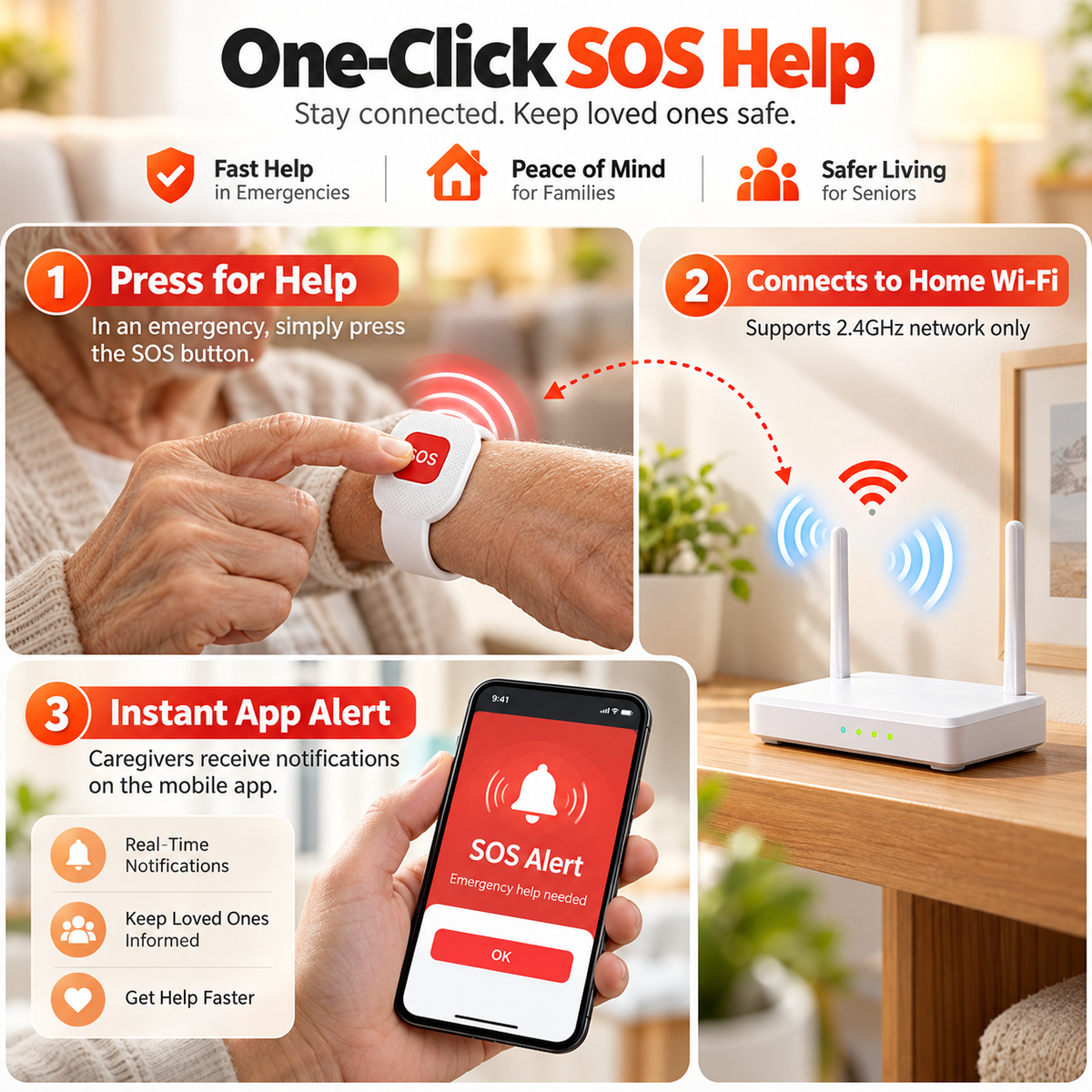 WiFi Elderly Caregiver Call Button – App Alert & Wireless Pager for Seniors
