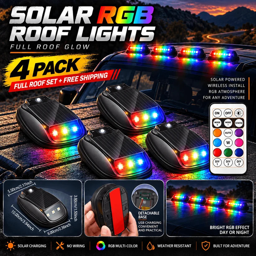 🌈 Solar RGB Car Roof Strobe Lights –🚗 5-Pack Wireless No-Drill Cab Light Set