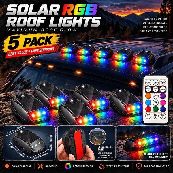 🌈 Solar RGB Car Roof Strobe Lights –🚗 5-Pack Wireless No-Drill Cab Light Set