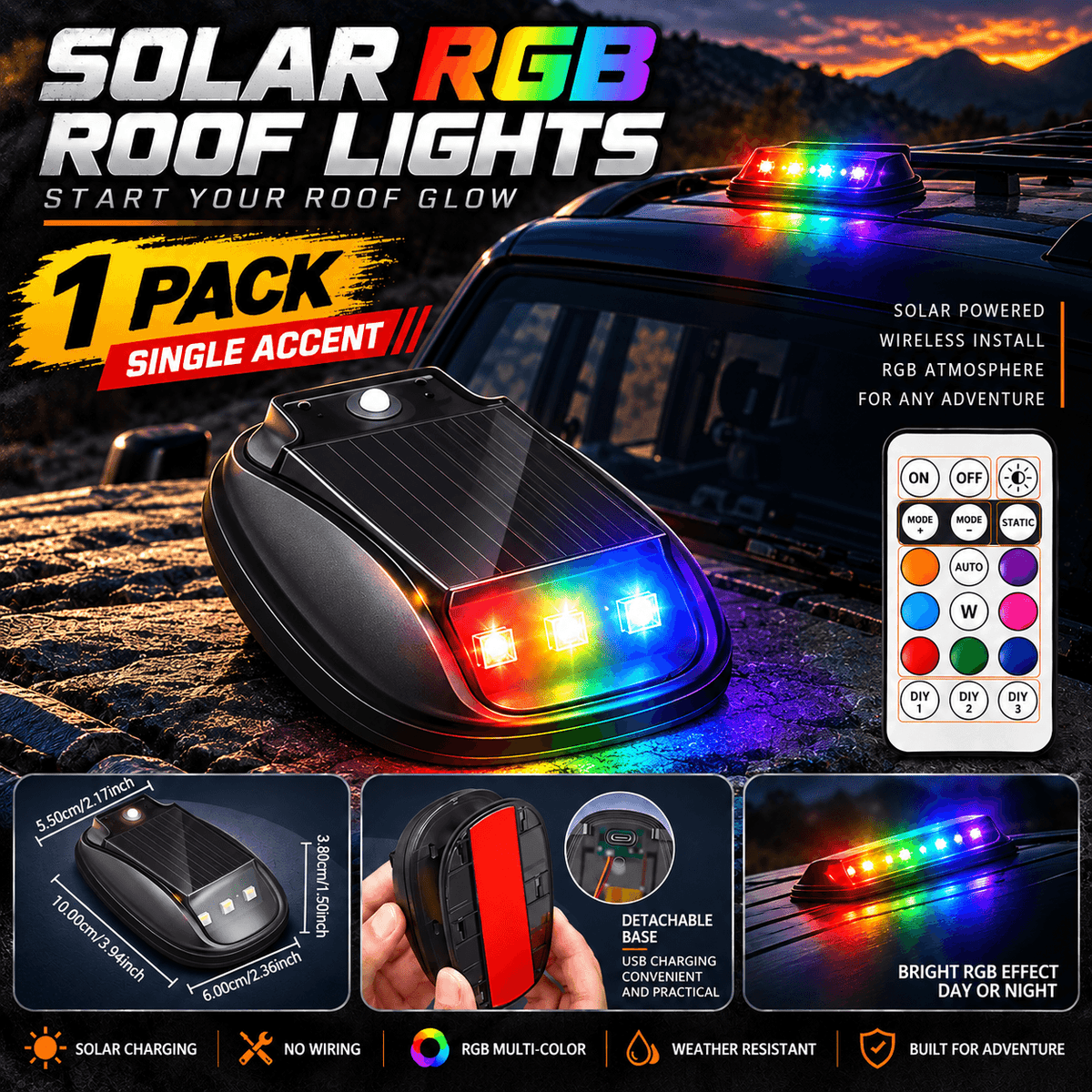 🔆Solar RGB Roof Lights 🌙with Wireless Remote, Waterproof Design & Easy Install