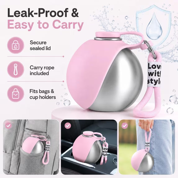 2-in-1 Dog Travel Water Bottle – Leakproof Stainless Steel Bottle with Silicone Bowl