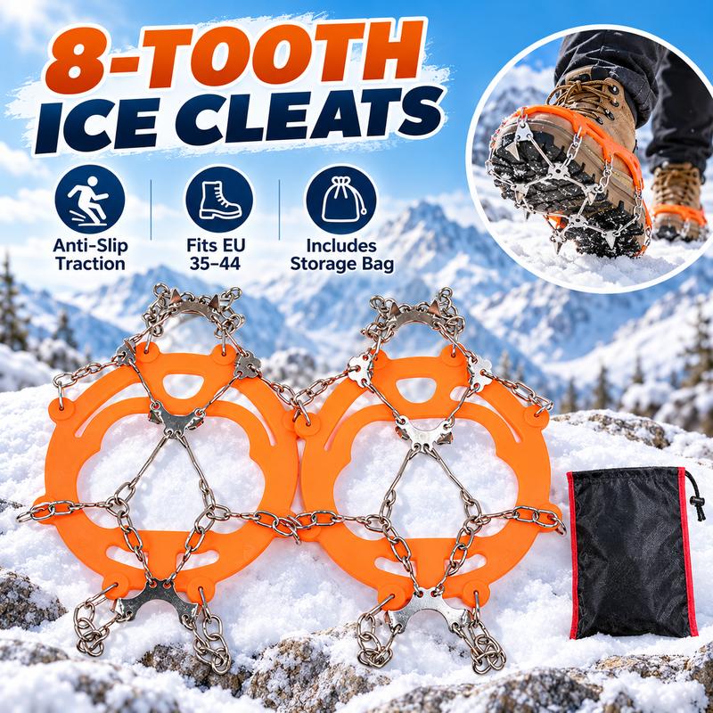 8-Tooth Ice Cleats for Hiking Boots, Winter Traction Crampons with Stainless Steel Chains